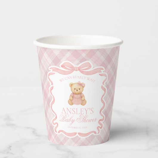Gobelets En Papier Pink Coquette Bow Bear Tartan Plaid Baby Shower (Recto)