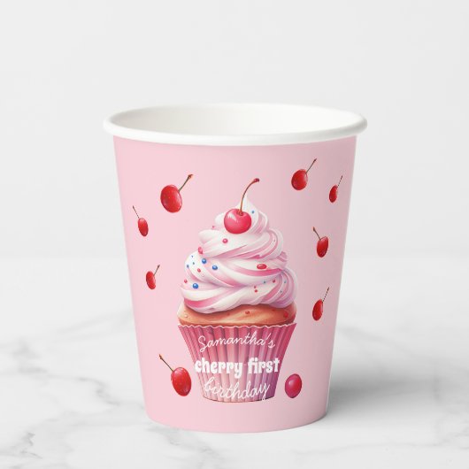 Gobelets En Papier Pink First Cherry & Cupcake Anniversaire (Verso)