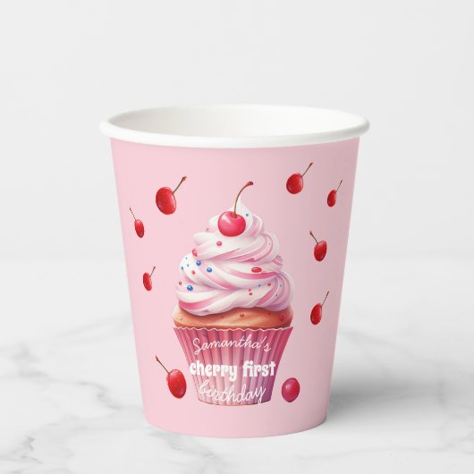 Gobelets En Papier Pink First Cherry & Cupcake Anniversaire (Recto)