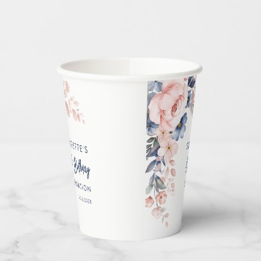 Gobelets En Papier Pink Floral 80e anniversaire Script (Gauche)