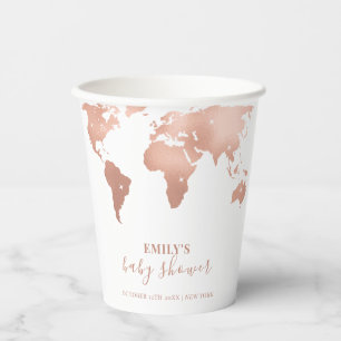 Gobelets En Papier Pink Gold World Map Voyage Baby shower d'aventure