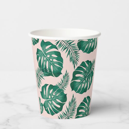 Gobelets En Papier Pink & Green Palm Feuille Motif & nom (Verso)
