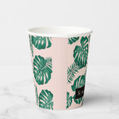 Gobelets En Papier Pink & Green Palm Feuille Motif & nom (Droite)