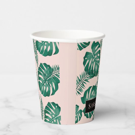Gobelets En Papier Pink & Green Palm Feuille Motif & nom (Droite)