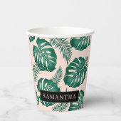 Gobelets En Papier Pink & Green Palm Feuille Motif & nom (Recto)