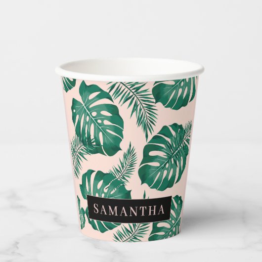 Gobelets En Papier Pink & Green Palm Feuille Motif & nom (Recto)
