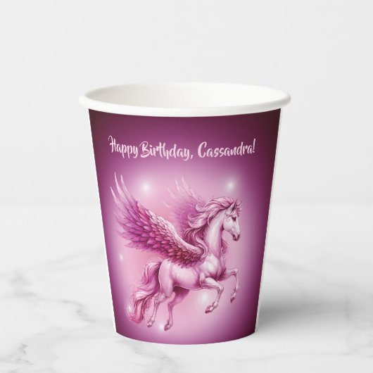 Gobelets En Papier Pink Pegasus "Joyeux anniversaire" (Recto)