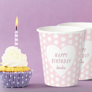 Gobelets En Papier Pink Polka Point Motif Coeur fête d'anniversaire