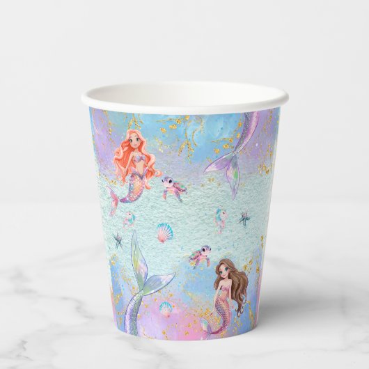 Gobelets En Papier Pink Purple Glitter Mermaids 9th Birthday Party (Verso)