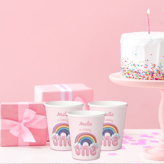Gobelets En Papier Pink Rainbow Turning One First Birthday