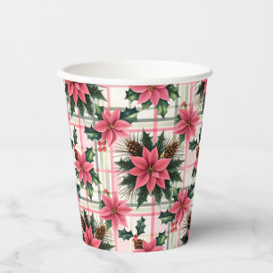 Gobelets En Papier Pink Retro Noël Floral Plaid Joyeux Noël