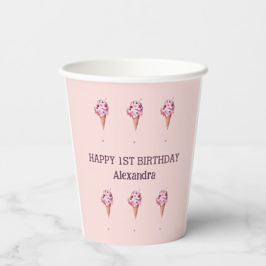 Gobelets En Papier Pink Sprinkles Girl Ice Cream 1er anniversaire (Verso)