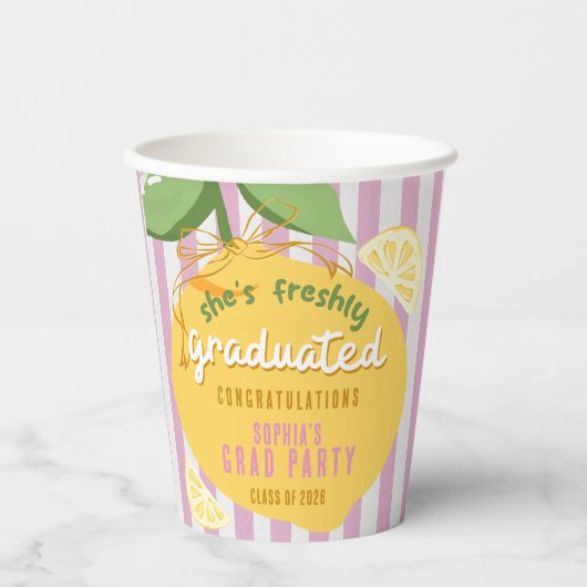 Gobelets En Papier Pink Stripes Lemons Yellow bow Grad Paper Cups (Recto)