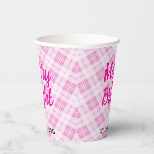 Gobelets En Papier Pink tartan Christmas Merry Bright Family name (Droite)