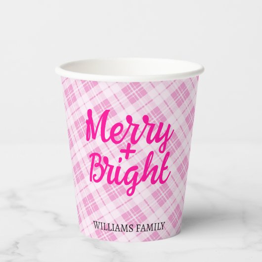 Gobelets En Papier Pink tartan Christmas Merry Bright Family name (Recto)