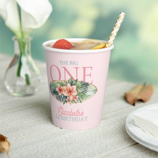 Gobelets En Papier Pink Tropical Surf Board The Big One 1st Birthday (Insitu)