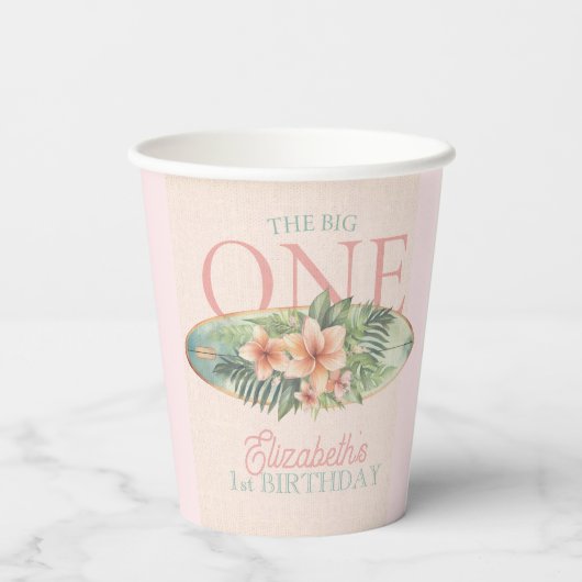 Gobelets En Papier Pink Tropical Surf Board The Big One 1st Birthday (Verso)