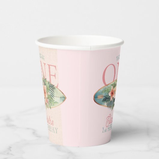 Gobelets En Papier Pink Tropical Surf Board The Big One 1st Birthday (Droite)