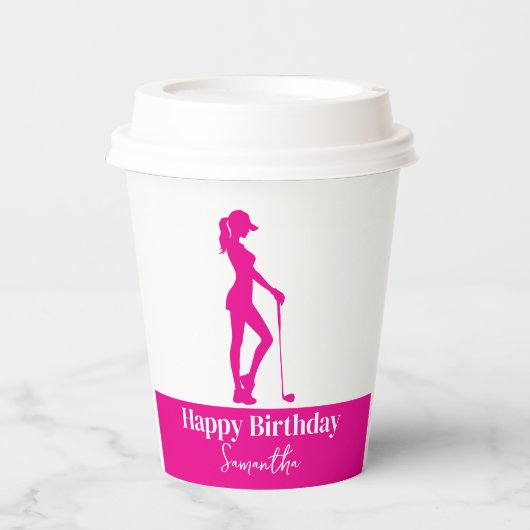 Gobelets En Papier Pinky Lady Golfer Anniversaire Monogramme (Recto)