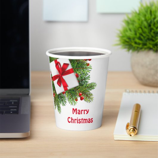 Gobelets En Papier Pins de Noël avec blanc Présent Rouge (Insitu)