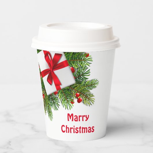 Gobelets En Papier Pins de Noël avec blanc Présent Rouge (Recto)