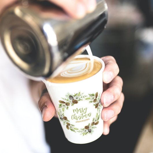 Gobelets En Papier Pins floraux verts couronne de Noël