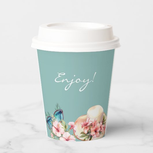 Gobelets En Papier Plage rose Floral Bleu Fête des mariées tropicale (Recto)