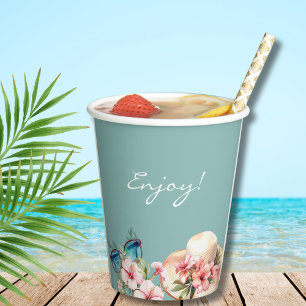Gobelets En Papier Plage rose Floral Bleu Fête des mariées tropicale