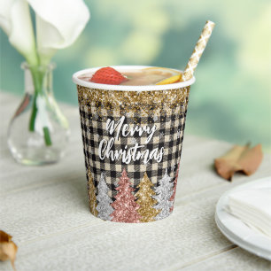 Gobelets En Papier Plaid de Noël et Paillettes avec Texte