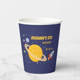 Gobelets En Papier Planètes d'anniversaire et Rockship dans l'espace