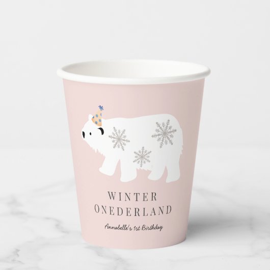 Gobelets En Papier Polar Bear Winter Wonderland Rose 1er anniversaire (Recto)