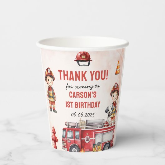 Gobelets En Papier Pompier Camion 1er fête d'anniversaire (Verso)