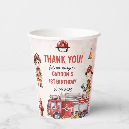 Gobelets En Papier Pompier Camion 1er fête d'anniversaire (Recto)