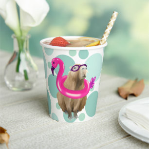 Gobelets En Papier Pool Party Cute Capybara Avec Flotte Flamant rose