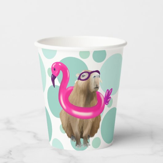 Gobelets En Papier Pool Party Cute Capybara Avec Flotte Flamant rose (Recto)
