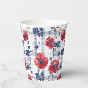 Gobelets En Papier Poppies rouges avec Feuilles bleus sur À damiers b