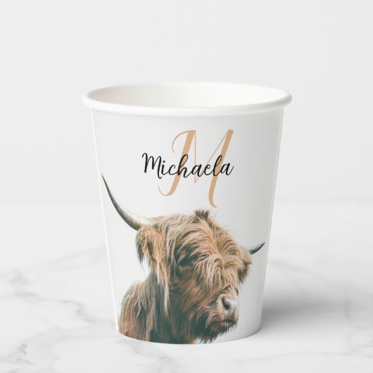 Gobelets En Papier Portrait de vache Highland nom personnalisé monogr (Verso)