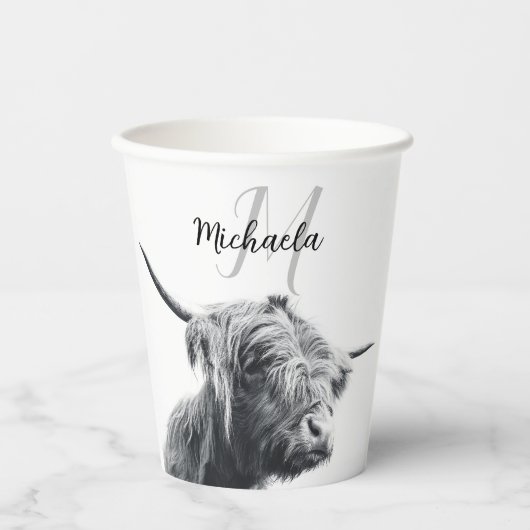 Gobelets En Papier Portrait de vache Highland premier monogramme noir (Recto)