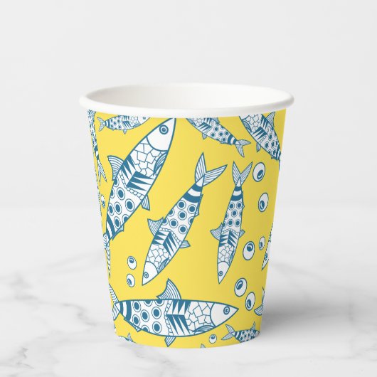 Gobelets En Papier Portugais Lisbonne Sardines Motif Azulejos Jaune (Recto)