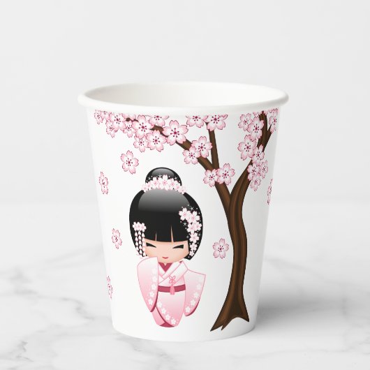 Gobelets En Papier Poupée blanche Kimono Kokeshi - mignonne Geisha Gi (Recto)