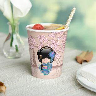 Gobelets En Papier Poupée Keiko Kokeshi - Blue Kimono Geisha Girl