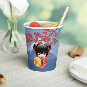 Gobelets En Papier Poupée rouge Sakura Kokeshi - mignonne Geisha Girl
