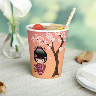Gobelets En Papier Poupée Sakura Kokeshi - Geisha Girl on Peach