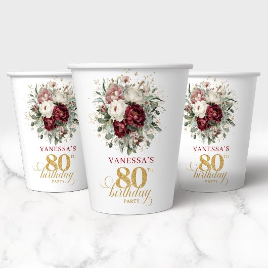 Gobelets en papier pour 80e anniversaire à fleurs 