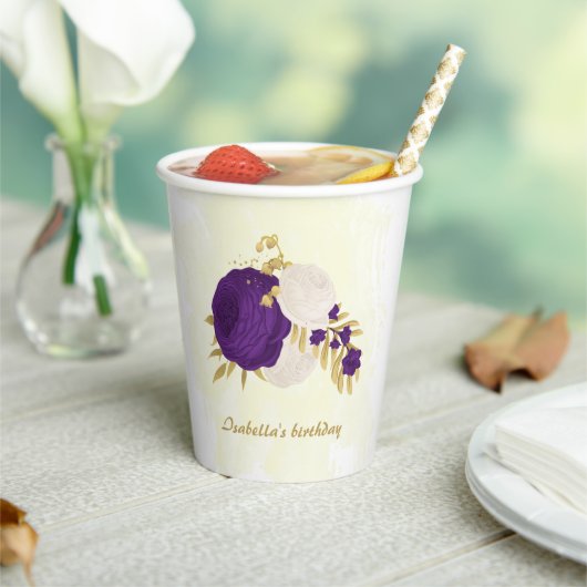 Gobelets En Papier pourpre royal & fleurs blanches or (Insitu)