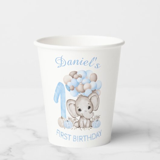 Gobelets En Papier Premier Anniversaire Cute Elephant Automne Garçon  (Recto)