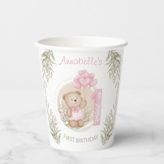 Gobelets En Papier Premier Anniversaire Mignonne Teddy Bear Ballons C (Recto)