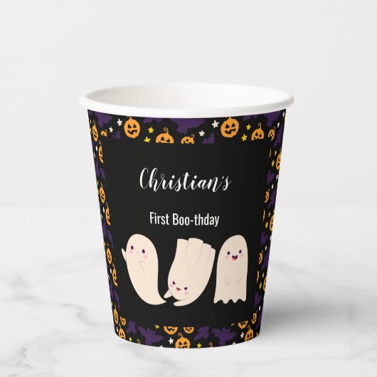 Gobelets En Papier Premier Boo-thday Halloween Ghost 1er anniversaire (Recto)