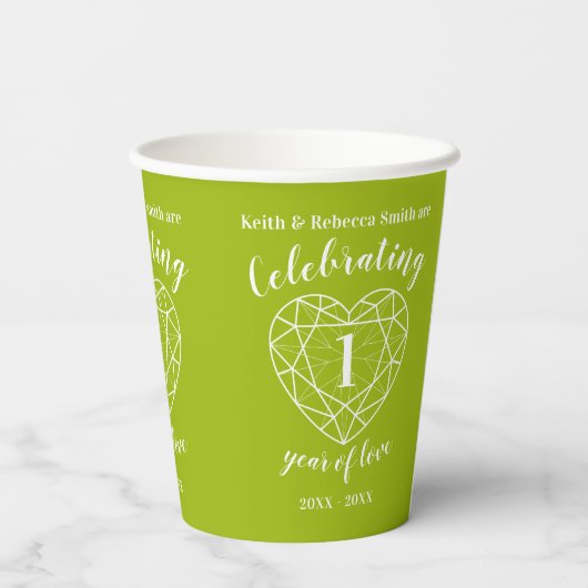 Gobelets En Papier Premier Mariage Anniversaire contour vert coeur  (Verso)