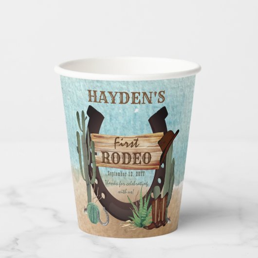 Gobelets En Papier Premier Rodeo Cowboy Western Boy 1ère fête d'anniv (Recto)